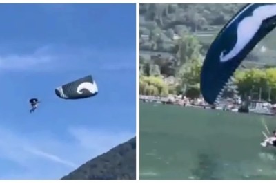 Breathtaking Stunt: Daredevil Executes Perfect Landing on Tiny Platform Above Sparkling Waters!