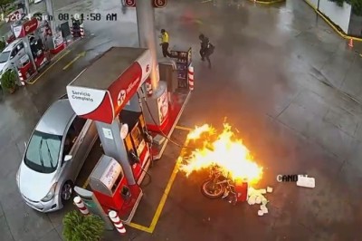 Nightmare At The Pump: Motorcycle Rider Escapes Fiery Inferno!